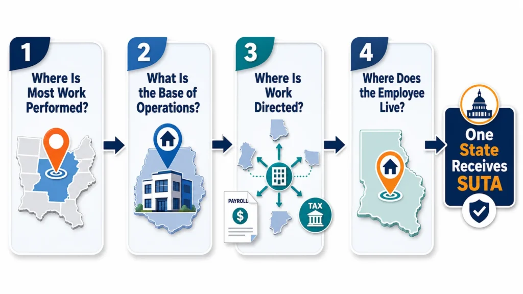 Four step localization of work test for state unemployment tax